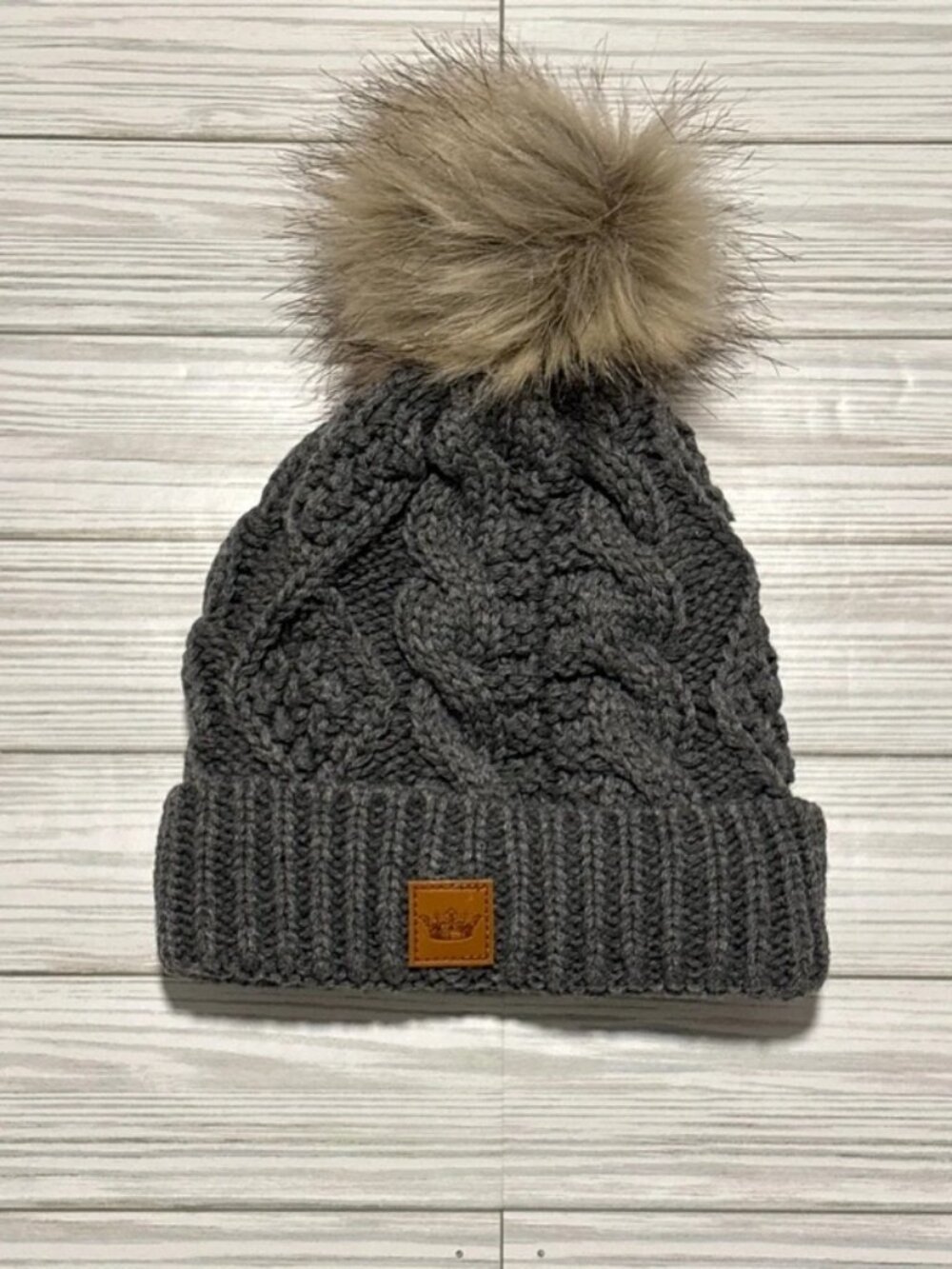 Panache Knit Beanie with Faux Fur Pom - Gray